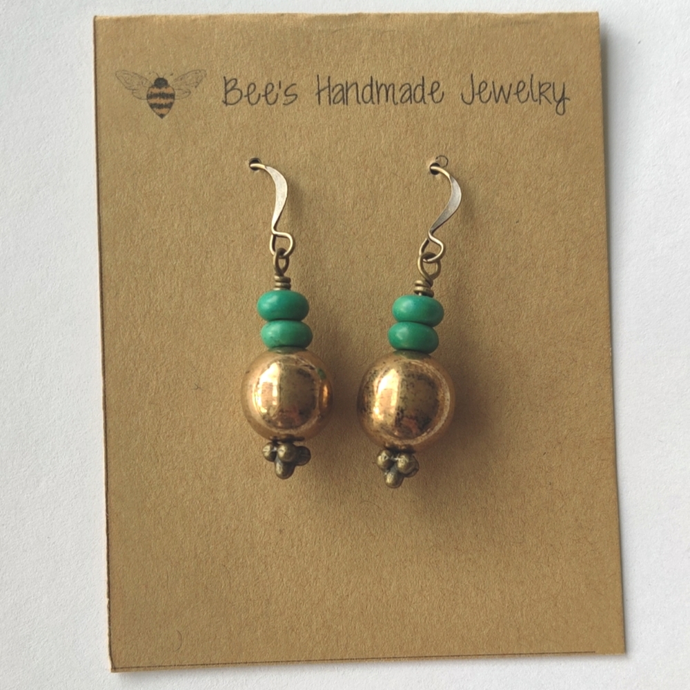 Handmade Brass & Green Gemstone Earrings
